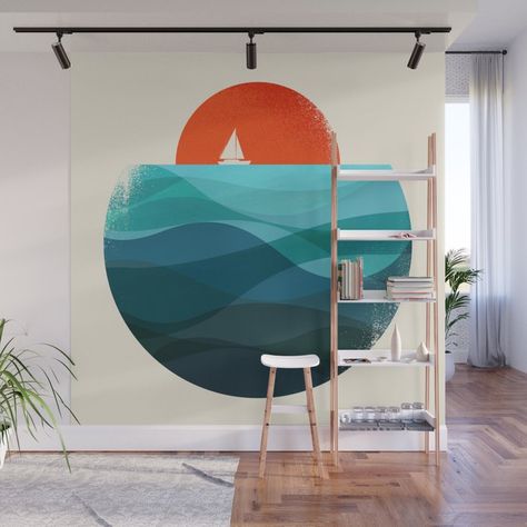 Lake Mural Wall Art, Sea Wall Painting Ideas, Abstract Mural Wall Art, Abstract Ocean Mural, Geometric Wall Painting Ideas, Beach Mural Painted Wall, Ocean Mural Bedroom, Beach Mural Painted, Sea Wall Painting