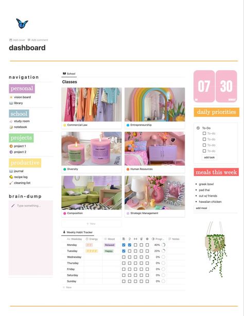 Notion Dashboard Homepage Bright & Colorful - Colorful Notion Template, Notion Dashboard Ideas Aesthetic, Work Notion, Organisation Aesthetic, School Notion, Notion Templates For Students, Free Notion Templates, Notion Workspace, Aesthetic Notion Template