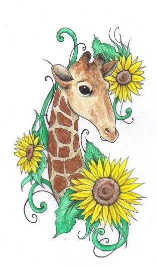 Two of my favorite things-giraffes and sunflowers Giraffe And Sunflower Tattoo, Giraffe Artwork, Giraffe Drawing, Giraffe Pictures, Giraffe Painting, Afrique Art, Giraffe Art, Cute Giraffe, Baby Giraffe