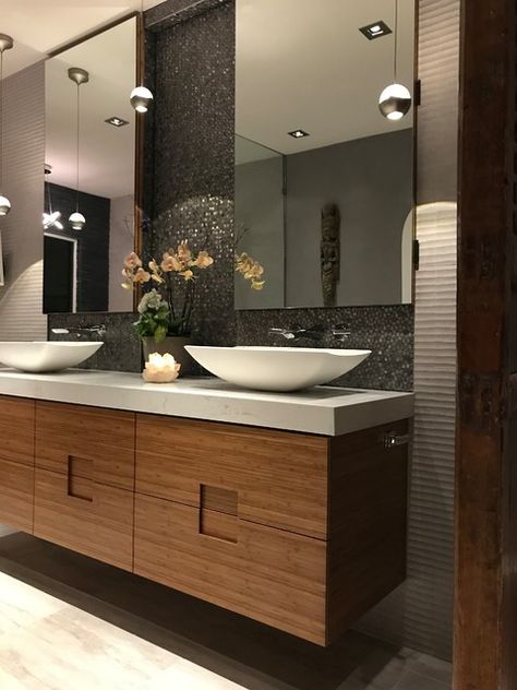 Floating Bathroom Cabinets Modern, Floating Vanity Bathroom Modern Wood, Spa Vanity Bathroom, Bathroom Walnut Cabinets, Bamboo Bathroom Vanity, Bathroom With Walnut Cabinets, Bathroom Floating Vanity Ideas, Floating Cabinet Bathroom, Floating Cabinets Bathroom