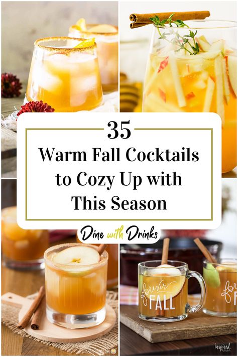 Collage of 4 warm fall cocktails. Fall Alchol Drinks, Warm Fall Cocktails, Hot Fall Drinks, Fall Drinks Alcohol, Fall Party Drinks, Fall Punch Recipes, Fall Cocktail Recipes, Warm Drinks Recipes, Fall Cider