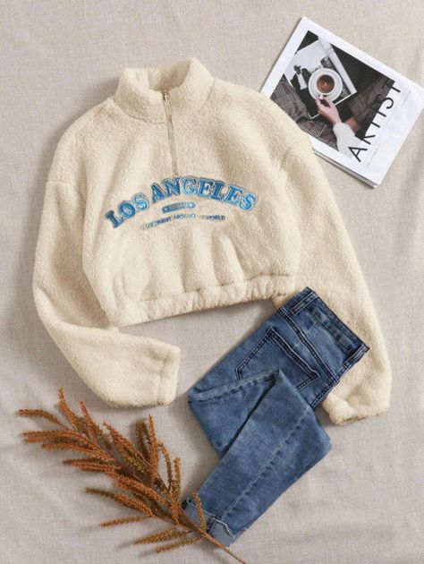 Flannel Sweatshirt, Letter Sweatshirt, Women Sweatshirts, Sweatshirt White, Letter Embroidery, Collars For Women, Vogue Fashion, Embroidered Sweatshirts, Crop Sweatshirt