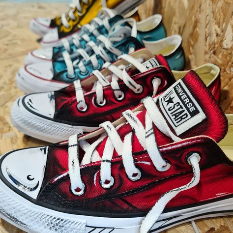 #customshoes #customconverse #handpainted #art #frenchriviera #atelierdivanak #painting Cel Shaded Shoes, Painting Ideas On Converse, Custom Converse Ideas, Diy Shoes Makeover, Painting Converse, Comic Book Shoes, Shoe Art Designs, Custom Sneakers Diy, Painted Canvas Shoes