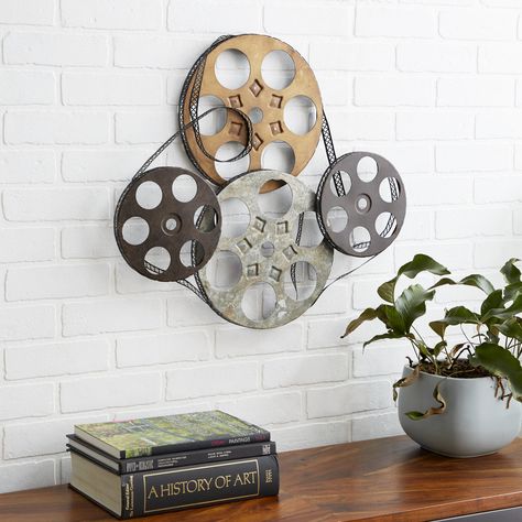 Decmode - 3D Metal Film Reel Wall Decor, 25" x 22" - Walmart.com Movie Reel Decor, Picture Rails, Theater Room Decor, Desktop Gadgets, Dinner Theater, Home Theater Room Design, Theater Decor, Theater Room Design, Movie Room Decor