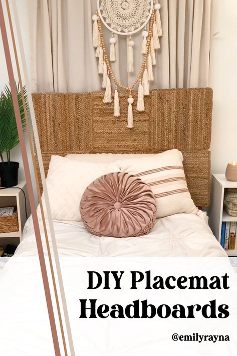 Diy Wicker Headboard, Placemat Headboard, Cheap Headboard Ideas Diy, Diy Boho Headboard Ideas, Boho Headboard Ideas, Diy Boho Headboards, Diy Boho Headboard, Diy Rattan Headboard, Diy Dorm Headboard