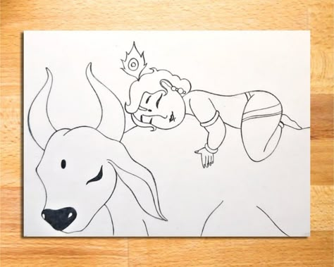 How to Draw Little Krishna Sleeping on the Cow | Easy Lord Krishna Drawing for Beginners || lord krishna drawing, shree krishna drawing, how to draw lord krishna, lord krishna pencil drawing, easy drawing of lord krishna, shree krishna thakur line art, lord krishna drawing ideas, art videos, drawing of god, hindu god drawing, pencil drawing for beginners, simple drawing, line arts, drawing tutorial, vivek art academy. Krishan Ji Drawings Easy, Krishna With Cow Paintings, Krishna Sleeping, Krishna Line Art, Hindu God Drawing, God Drawing Easy, Drawing Of God, Krishna Drawing Ideas, Krishna Drawing Easy