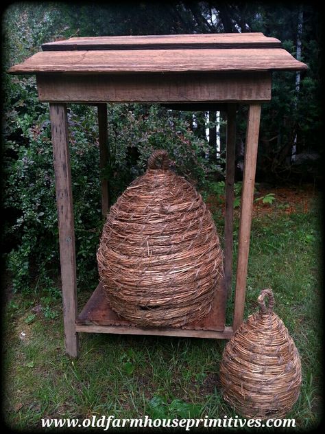 #PBH2 Primitive Straw Bee Skeps (Two Sizes) Bee Skep House, Decor Above Kitchen Cabinets, Bee Skeps, Primitive Curtains, Candles Black, Shed Decor, Primitive Lighting, Bee Skep, Americana Vintage