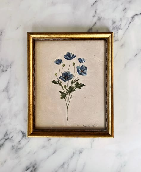 "WILDFLOWER: - High quality giclée print - 8x10\" - Unframed - Ready to ship *This print is a reproduction of an original oil painting I created on a wooden panel. It is printed with museum quality ink on archival fine art paper." Blue Vintage Painting, Apartment Diy Decor Renting, Vintage Paintings Aesthetic, Print Painting Ideas, Vintage Watercolor Paintings, Aesthetic Vintage Painting, Vintage Floral Painting, Oil Painting Still Life, Bouquet Art