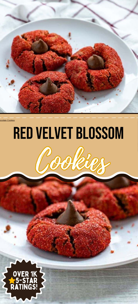 These Red Velvet Blossom Cookies are a delightful spin on the classic peanut butter blossoms! With their vibrant red color and a Hershey’s Kiss pressed on top, they make the perfect treat for Valentine’s Day or any holiday celebration. Soft, chewy, and packed with that signature red velvet flavor, these cookies are sure to be a hit! Red Velvet Peanut Butter Blossoms, Red Velvet Hershey Kiss Cookie, Red Velvet Blossom Cookies, Red Velvet Oreo Cookies, Hershey Kiss Cookies, Peanut Butter Blossom, Red Velvet Flavor, Red Velvet Oreo, Butter Blossoms