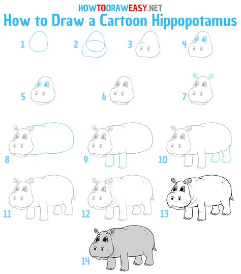 How to Draw a Cartoon Hippopotamus Step by Step #CartoonDrawing #CartoonAnimals #Hippopotamus #HippoDrawing #HippopotamusDrawing #HowtoDrawaHippo #HippoDrawing #EasyDrawingTutorial #EasyAnimalsDrawings #Art #ArtWork #StepbyStepHippoDrawings How To Draw Hippopotamus, How To Draw A Hippo Easy, Hippo Drawing Simple, Hippopotamus Drawing, Cartoon Eyebrows, Cartoon Hippopotamus, Draw Animals For Kids, Ladybug Felt, Hippo Drawing