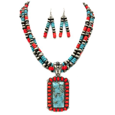 PRICES MAY VARY. Rio Grande Western Turquoise Stone Pendant Necklace with Earrings Dazzling Western Rustic Pendant Multilayer necklace Matching Earrings Rio Grande Western Turquoise Stone Pendant Beaded Necklace with Earrings Multilayer Necklace, Western Necklace, Necklaces Ideas, Western Turquoise, Turquoise Choker, Western Rustic, Western Necklaces, Turquoise Statement Necklace, Necklace Matching