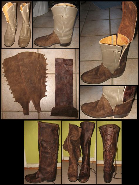 "I bought a pair of used cowboy boots and some lambskin, drafted a pattern and after sewing them, glued the new leather parts on the old boots with contact cement." Cover Boots, Costumes Faciles, Costume Viking, Costume Carnaval, Pirate Boots, Comfy Boots, Barefoot Sandal, Old Boots, Larp Costume