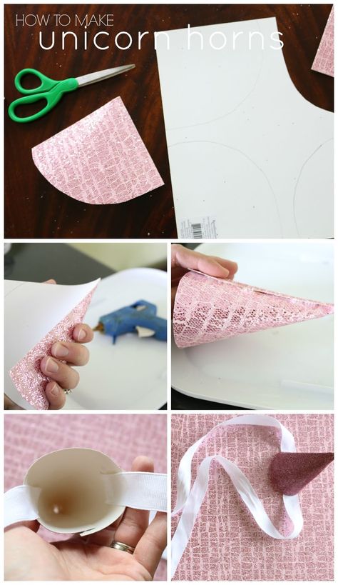 How to make tie-on Unicorn Horn Party Hats DIY for birthday party How To Make Unicorn Horn From Paper, Making A Unicorn Horn, How To Make A Unicorn Horn Out Of Paper, How To Make Unicorn Horn, Unicorn Horn Diy, Diy Unicorn Horn, Unicorn Horns, Rainbow Unicorn Party, Diy Unicorn