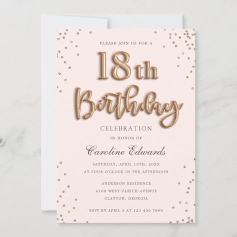 18th Birthday Invitations, Birthday Elegant, Birthday Dinner Invitation, 90th Birthday Invitations, 20th Bday, Gold Foil Balloons, 20th Birthday Party, Rose Gold Invitations, Glitter Rose Gold