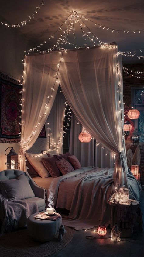 A dreamy boho bedroom illuminated by string lights, lanterns, and soft, ambient lighting for a magical atmosphere Bedroom Curtain Lights, Whimsical Lighting, Boho Style Bedroom, Cozy Boho, Set The Mood, Style Bedroom, Curtain Lights, Curtains Bedroom, Boho Bedroom