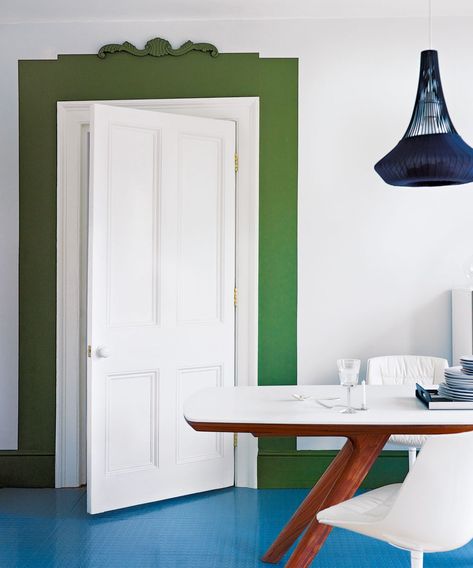 Behind The Green Door, Blue Ceilings, Yellow Doors, Dining Room Colors, Green Door, Room Doors, Painted Doors, Interior Door, Modern Dining Room