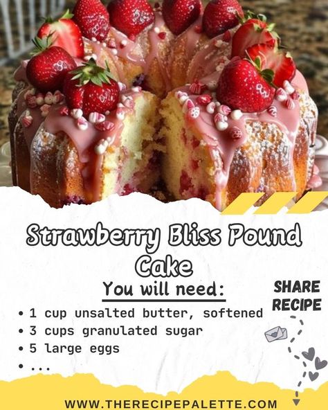 Strawberry Bliss Pound Cake Recipe Ingredients: 1 cup unsalted butter, softened 3 cups granulated sugar 5 large eggs 3 cups all-purpose flour 2 teaspoons baking powder 1/2 teaspoon salt 1 cup buttermilk 2 teaspoons vanilla extract 1 teaspoon almond extract 1 1/2 cups fresh strawberries, finely chopped Powdered sugar for dusting (optional) Directions: Preheat oven to 325°F (165°C). Grease and flour a 10-inch bundt pan. In a large bowl, cream together butter and sugar until light and fluffy. Beat… Strawberry Cheesecake Pound Cake Recipe, Strawberry Bunt Cakes Recipes, Strawberry Bliss Pound Cake, Cheesecake Pound Cake Recipe, Italian Cream Bundt Cake, Bundt Cake Frosting Recipe, Strawberry Cheesecake Pound Cake, Cheesecake Pound Cake, Sunday Desserts