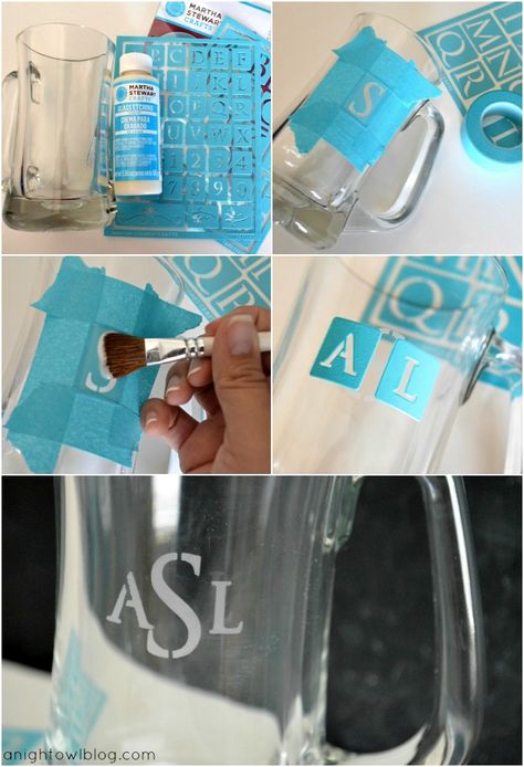 DIY Monogram Beer Mug Tutorial Famous Sunglasses, Diy Groomsmen Gifts, Cricut Mug Monogram, Monogram Glass Cups, Wine Glasses With Names, Cricut Wine Glass Ideas Name, Monogram Beer Mugs, Grooms Gift, Etching Cream