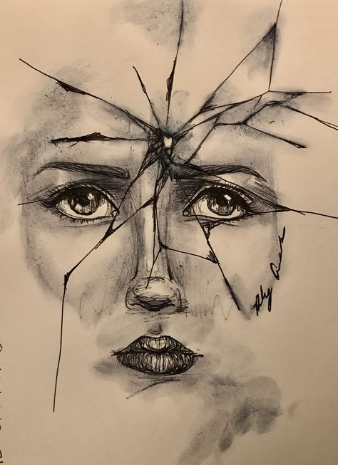 Ruby Amanns   Sketch, broken glass, ink Shattering Glass Drawing, Shattered Glass Sketch, Glass Shattered Drawing, Portrait Gcse Art Sketchbook, Broken Glass Draw, Cracked Face Drawing, Symbolic Sketches, Broken Glass Artwork, Fantastic And Strange Gcse Art