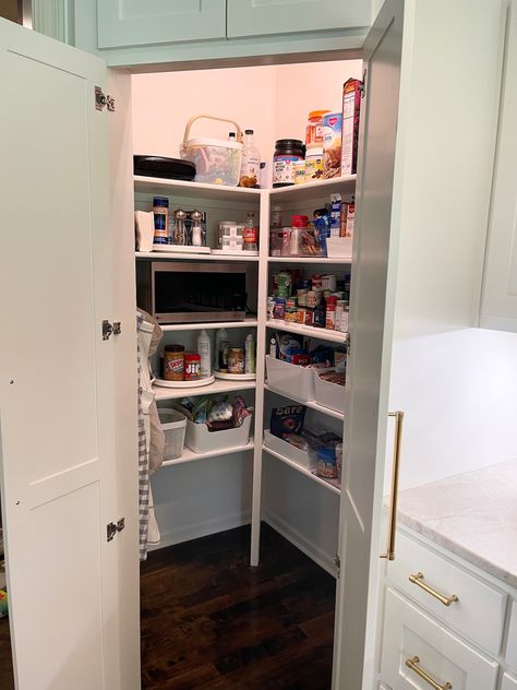 How We Moved a Microwave into the Pantry - Life Love Larson Microwave In Small Pantry Closet, Microwave In Pantry Ideas, Small Pantry With Microwave, Microwave In The Pantry, Corner Pantry With Microwave, Pantry Microwave Ideas, Microwave In Pantry Walk In, Pantry With Microwave, Microwave In Pantry