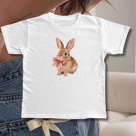 White Crew Neck Top With Bunny Print, Cute White T-shirt With Bunny Design, Casual White T-shirt With Bunny Print, Pastel Goth Outfits, Cheap Bunny Print Crew Neck T-shirt, White Short Sleeve T-shirt With Bunny Print, Girls Crop Tops, Vintage Crop Tops, Y2k Baby Tee