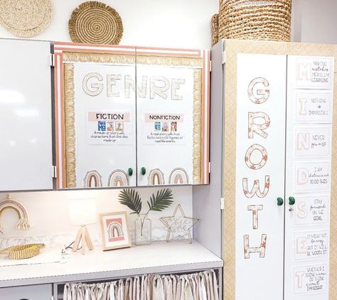 Classroom Cabinet Makeover, Pretty Classroom, Health Classroom, Cabinet Door Ideas, Boho Rainbow Classroom, Language Classroom, 5th Grade Ela, Rainbow Classroom, Classroom Makeover