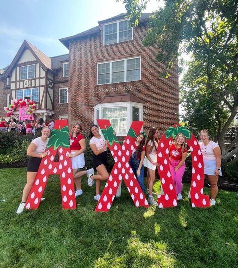 Strawberry Shortcake Bid Day, Strawberry Sorority Theme, Strawberry Bid Day Theme, Bidday Themes, Rush Themes, Sorority Themes, Recruitment Themes, Sorority Letters, Sorority Bid Day