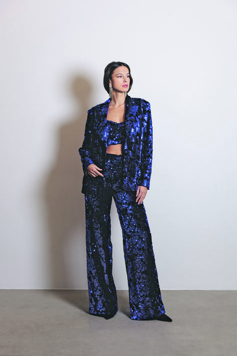 Jacket & Trousers Sequin blue #zilea #luxury #silk #sequin #handmade #print #madeincomo #madeinitaly #fashion #italian #brand #colors #elegance Blue Sequin Jumpsuit, Sequin Suit, Metallic Pants, Luxury Silk, 25th Anniversary, Brand Colors, Sequin, Jumpsuit, Trousers