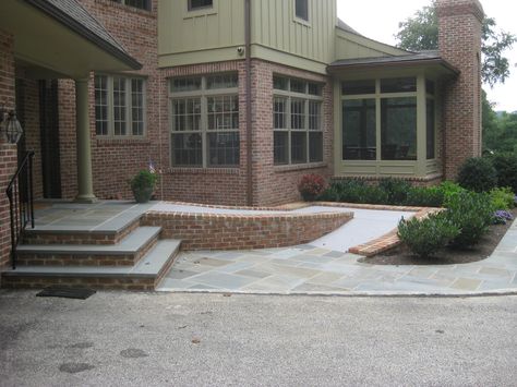 Flagstone and Brick steps and heated handicap ramp. Garden Ramp, Porch With Ramp, Wheelchair House, Wheelchair Ramp Design, Outdoor Ramp, Ramp Stairs, Mobile Home Exteriors, Ramp Design, Single Wide Mobile Homes