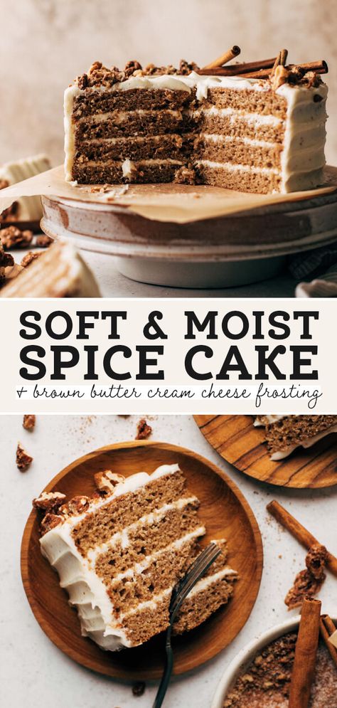 Healthy Spice Cake Recipes, Spicy Cake Recipes, Spiced Cake Recipes, Pinterest Baking, Thanksgiving Cake Ideas, Fall Cake Ideas, Brown Butter Cream Cheese Frosting, Brown Butter Cream Cheese, Moist Spice Cake