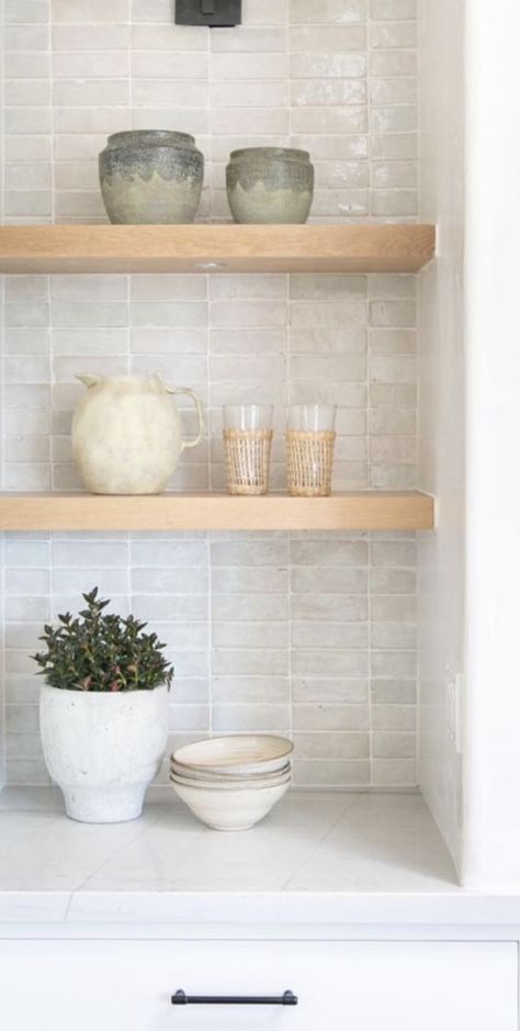 Neutral And Natural Kitchen, Off White Cabinet Backsplash, Coastal Chic Kitchen Backsplash, Subtle Green Backsplash Kitchen, Kitchen Inspo Backsplash, Cottage Splashback Ideas, Clay Subway Tile Backsplash, Kitchen Backsplash Natural Stone, Fun Bar Backsplash Ideas