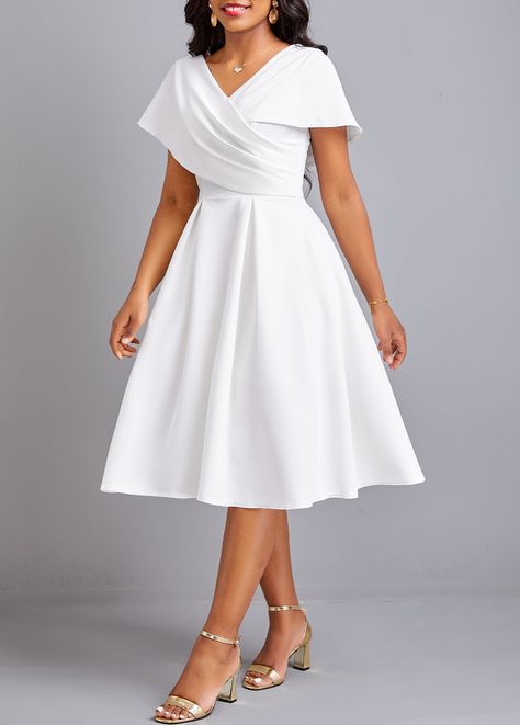 White Dresses Classy, Short Sleeve White Dress, White Dress Classy, Corporate Gowns, Classy White Dress, White Dress Styles, Umbrella Dress, White Dress Outfit, White Short Sleeve Dress