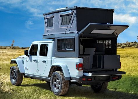 Ultralight $15K camper makes Jeep Gladiator a brilliant 4-man micro-RV Truck Bed Camping, Pickup Camper, Truck Bed Camper, Truck Tailgate, Van Living, Premium Packaging, A Truck, Jeep Gladiator, Truck Camper