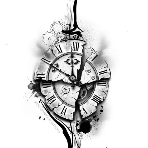 Tattoo designs gallery🖼🎨 on Instagram: “@hardstudio_ nice ideas from)_ @cassiomigueltattoos . . . If you want to order your custom tattoo design contact us @hardstudio._ . . .…” Broken Clock Design, Time Clock Tattoos, Clock Tattoo Design Men, Clock Face Tattoo, Tato Jam, Clock Tattoo Sleeve, Broken Clock, Watch Tattoo Design, Tato Minimal