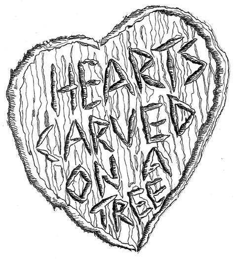 Hearts carved on a tree drawing. 2005. Initials Carved In Tree Tattoo, Initials Carved In A Tree, Tree Carving Tattoo, Names Carved In Tree, Esther Aesthetic, A Tree Drawing, Western Sketches, Flash Ideas, Pen Work