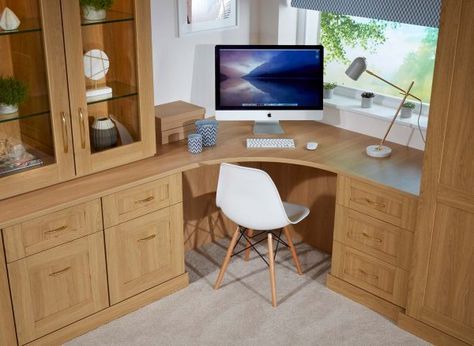 Get to work with this Oak curved corner desk unit with glass front display cabinet Fitted Wooden Corner Desk, Curved Corner Desk, Writing Desk Ideas, Pull Down Wall Bed, Wooden Corner Desk, Kids Writing Desk, Round Desk, Curved Desk, Desk Units