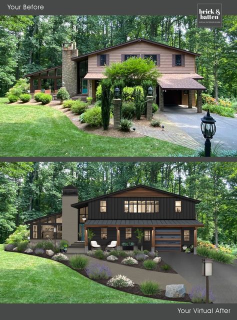 Cape House Exterior Before And After, Black And Wood Houses Exterior, Exterior Home Remodel Ideas, Wood House Colors Exterior, Exterior House Facelift, Black Exterior House, Modern Black Houses, Modern Black House, Brick House Exterior Makeover