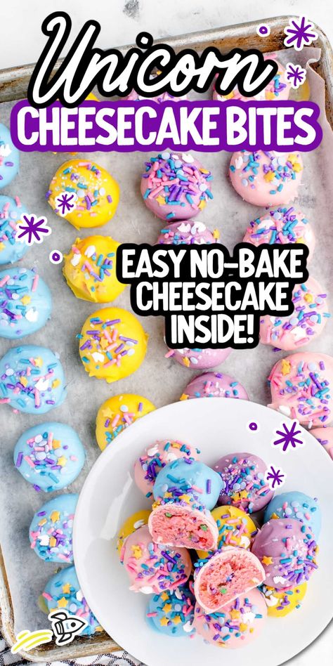 Unicorn Cheesecake Bites Cake Mix Cheesecake Bites, Unicorn Desserts Easy, Easter Sleepover Ideas, Cotton Candy Cheesecake Recipes, Dipped Cheesecake, Unicorn Cheesecake, Truffle Balls, Cheesecake Pops, Strawberry Cheesecake Bites