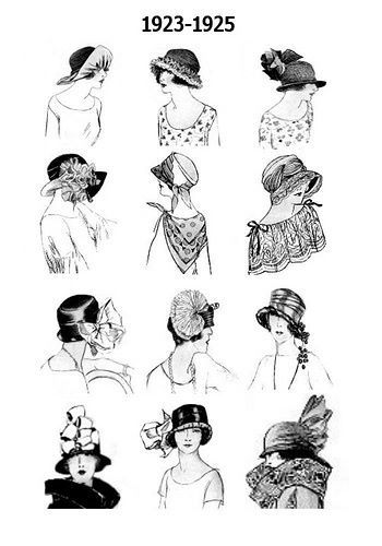 Sketches of some of the hats worn around 1923-1925 Types Of Hats For Women, 20s Hair, 1920s Hats, Mode Retro, Traditional Hairstyle, Louise Brooks, 20s Fashion, 1920s Flapper, Casual Styles