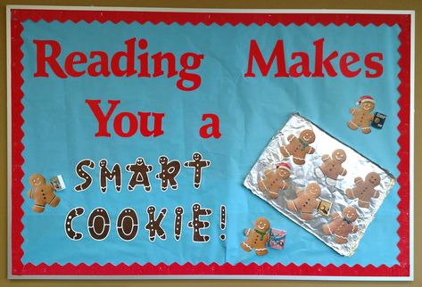 Reading Makes You a Smart Cookie! December cookie bulletin board Fresh Batch Of Smart Cookies Bulletin Board, Gingerbread Library Bulletin Board, Cookie Bulletin Board Ideas, Winter Reading Bulletin Boards, Bullition Board, Cookie Bulletin Board, Gingerbread Bulletin Board Ideas, Christmas Library Bulletin Boards, Bulletin Board Reading