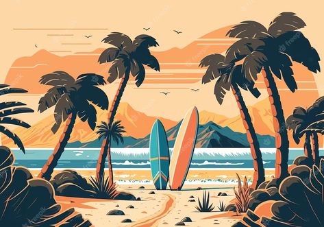 Palm Tree Vector Illustration, Palm Tree Illustration Design, Mountain And Sea Illustration, Beach Vector Art, Retro Beach Design, Vector Illustration Background, Illustration Art Beach, Beach Illustration Design, Beach Illustration Art