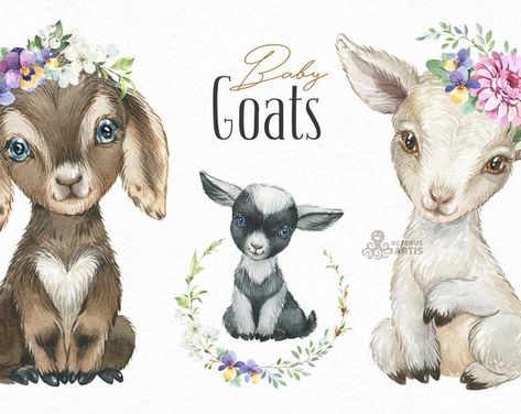 Baby Goats. Watercolor Little Animals and Floral Clipart - Etsy Australia Goat Cricut Projects, Posters Quotes, Farm Nursery, Little Animals, Floral Clipart, Baby Goats, Watercolor Images, Cute Clipart, Easter Wreath