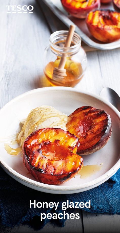 Glazed Peaches, Tesco Real Food, Bbq Ideas, Peach Desserts, Honey Glazed, Vegetarian Burger, Honey Glaze, Barbecue Recipes, Jamie Oliver