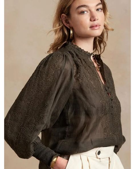 Banana Republic Tops for Women | Online Sale up to 78% off | Lyst Anthropologie Lookbook, Eyelet Blouse, Spring Capsule Wardrobe, Balloon Sleeve Blouse, Dark Olive Green, Ruffle Collar, Dressy Tops, Boho Blouses, Above And Beyond