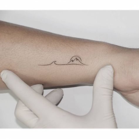 Minimalistic style mountain and wave tattoo located on North Shore Tattoo, Mountain To Sea Tattoo, Just Go Tattoo, Waves And Mountains Tattoo, Mountain And Wave Tattoo, Mountains And Ocean Tattoo, Tiny Mountain Tattoo, Mountain And Ocean Tattoo, Moutain Tattoos