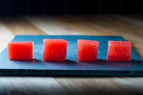 Basil, Balsamic, & Vodka Infused and Compressed Watermelon Compressed Watermelon, Watermelon Appetizer, Watermelon Cubes, Vinegar Recipes, Vodka Infused, Balsamic Vinegar Recipes, Watermelon Flavor, Juicy Watermelon, Tapas Recipes