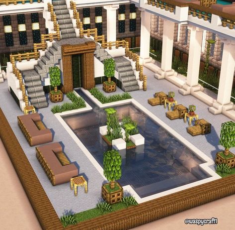 Minecraft Hotel Lobby Interior Design, Pool House Minecraft, Minecraft Indoor Pool Ideas, Minecraft Pool Design, Pool Ideas Minecraft, Indoor Pool Minecraft, Minecraft Swimming Pool Ideas, Minecraft Resort Ideas, Minecraft Hotel Ideas