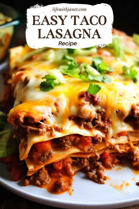 Baked taco lasagna in a casserole dish topped with melted cheese Easy Taco Lasagna, Lasagna Pie, Mexican Lasagne, Lasagna Layers, Mexican Lasagna Recipe, Taco Lasagna Recipe, Mexican Entrees, Mexican Favorites, Taco Lasagna