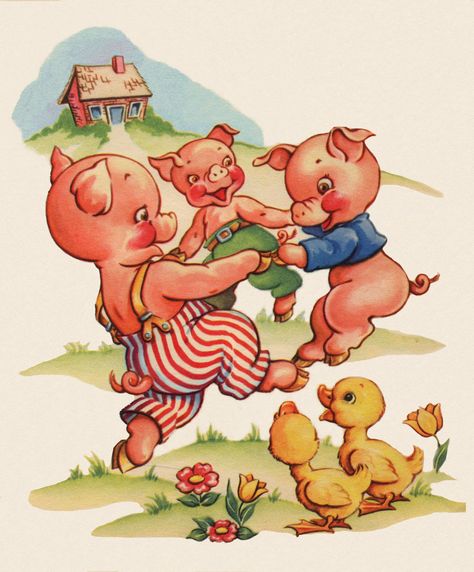 Three Little Pigs Three Pigs, 3 Little Pigs, Nursery Songs, Pig Illustration, Vintage Birthday Cards, Childrens Drawings, Cute Piggies, Guys And Dolls, Three Little Pigs