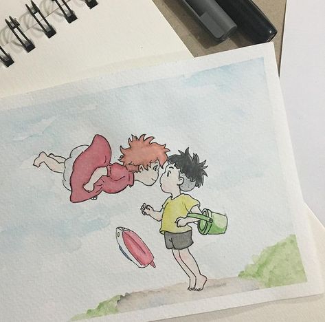 Studio Ghibli Watercolor Art Easy, Ghibli Drawing Watercolor, Watercolor Art Studio Ghibli, Ponyo Drawings Sketch, Ponyo Studio Ghibli Drawing, Ponyo Drawings Studio Ghibli Art, Ghibli Watercolor Painting, Ponyo Watercolor, Ponyo Sketch